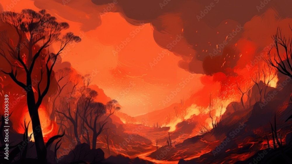 Raging forest fire. Rapidly spreading wildfire. Generative AI Raging forest fire. Rapidly spreading wildfire. Generative AI