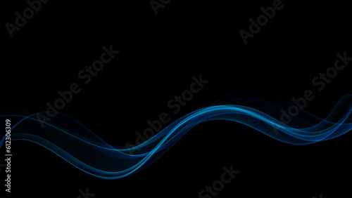 Abstract futuristic shiny blue wave design element on dark background.