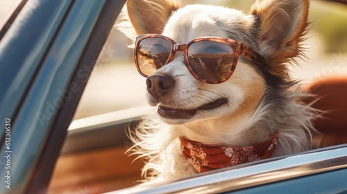 Summer Wanderlust: Chihuahua Dog with Shades and Leash on Adventurous Road Trip - Generative AI