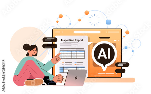 businesswoman with ai helper bot analyzing inspection report quality control production and manufacturing process review