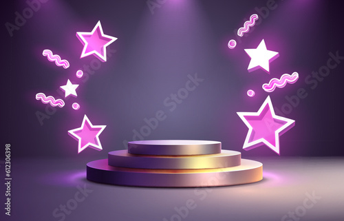 Star sign icon, scene mega sale, shopping podium banner, neon night pedestal. Vector illustration