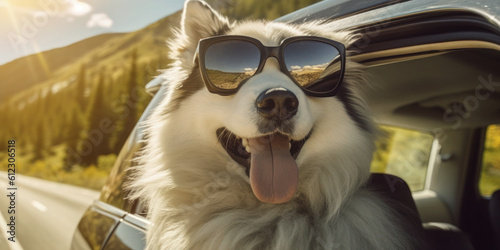 Summer Travel Buddy: Funny Alaskan Malamute Dog with Sunglasses on Road Trip - Generative AI