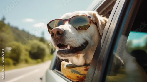 Pawsome Road Trip: Cute Labrador Retriever Dog Peeks Out of Car Window with Sunglasses and Leash - Generative AI © Bartek