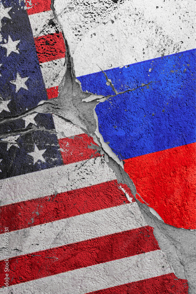 Obraz premium Illustration of the crack between the flags of the United States and Russia, the concept of a global crisis in political and economic relations