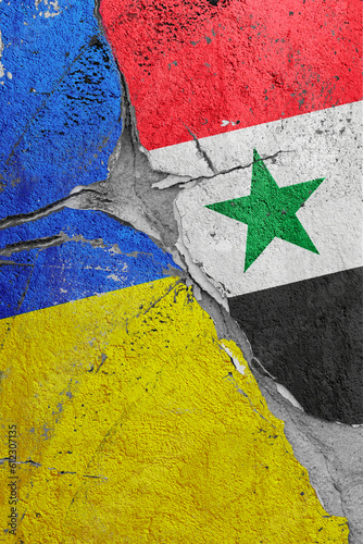 Illustration of the crack between the flags of Ukraine and Syria, the concept of a global crisis in political and economic relations