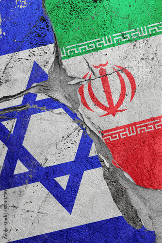 Illustration of the crack between the flags of Israel and Iran, the concept of a global crisis in political and economic relations