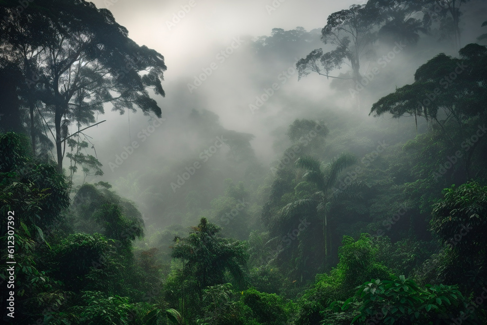 Fototapeta premium Aerial view of a misty rainforest in a foggy day. Generative AI.