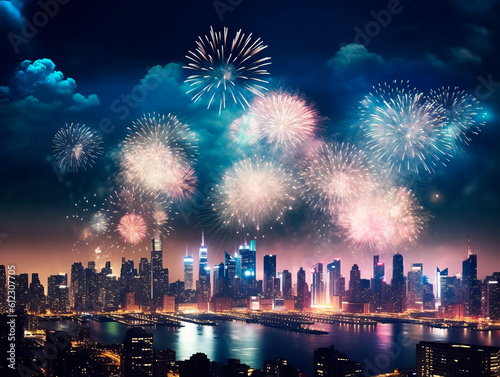Beautiful night cityscape with the city lights on. Skyscrapers skyline waterfront with fireworks. New Year holiday celebrating concept. Ai Generative illustration.