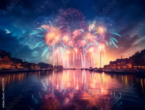 Beautiful night harbor with lights on. Boats lake waterfront with fireworks. New Year holiday celebrating concept. Ai Generative illustration.