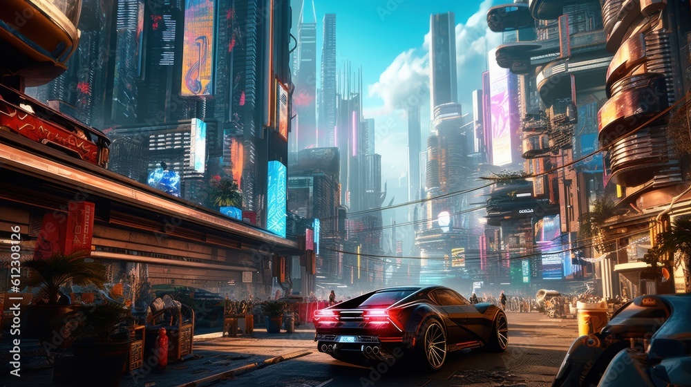 Cityscape set in a futuristic cyberpunk world, with towering skyscrapers, holographic advertisements, and bustling flying vehicles