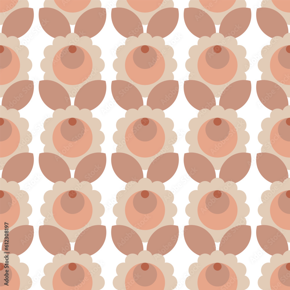 Hand drawn flower shapes with leaves. Abstract botanical elements in rows vector illustration. Colorful beige pink brown seamless pattern on white background.