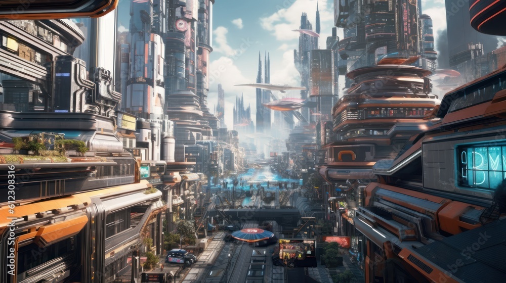 Cityscape set in a futuristic cyberpunk world, with towering skyscrapers, holographic advertisements, and bustling flying vehicles