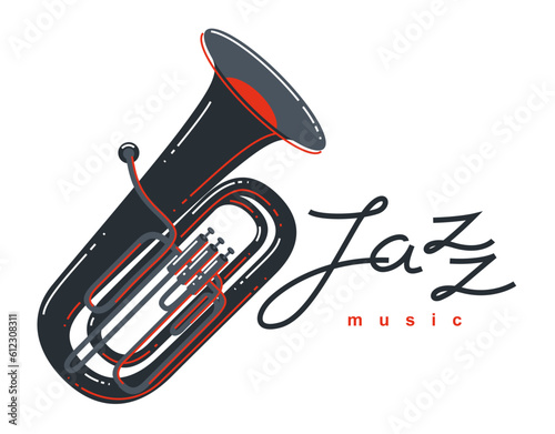 Jazz music emblem or logo vector flat style illustration isolated, tuba logotype for recording label or studio or musical band.