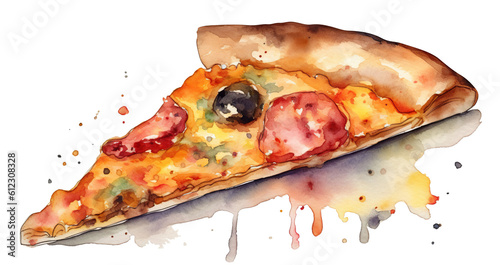 Watercolor drawing of delicious pizza slice, cut out. Based on Generative AI