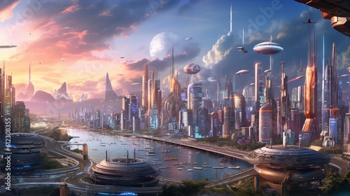 Cityscape set in a futuristic cyberpunk world  with towering skyscrapers  holographic advertisements  and bustling flying vehicles