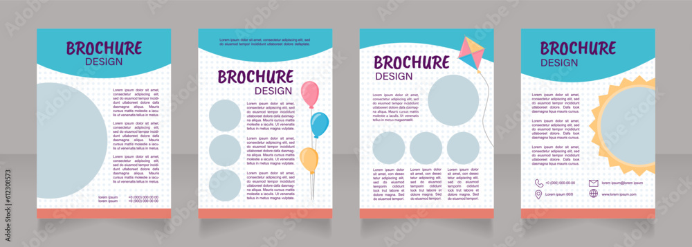Holiday agency service blank brochure design. Template set with copy space for text. Premade corporate reports collection. Editable 4 paper pages. Caveat Brush, Acumin, Arial fonts used