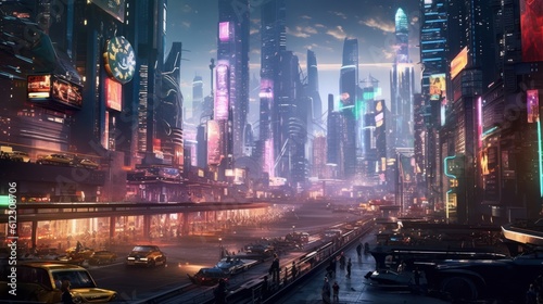 Cityscape set in a futuristic cyberpunk world  with towering skyscrapers  holographic advertisements  and bustling flying vehicles