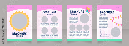 Kindergarten holiday announcement blank brochure design. Template set with copy space for text. Premade corporate reports collection. Editable 4 paper pages. Caveat Brush, Acumin, Arial fonts used photo