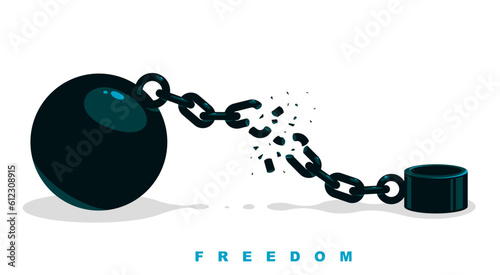 Shackles chain with weight metal ball vector concept isolated on white, concept of addiction or bad problems or debt, freedom and liberty, slavery and liberation, bad habits.