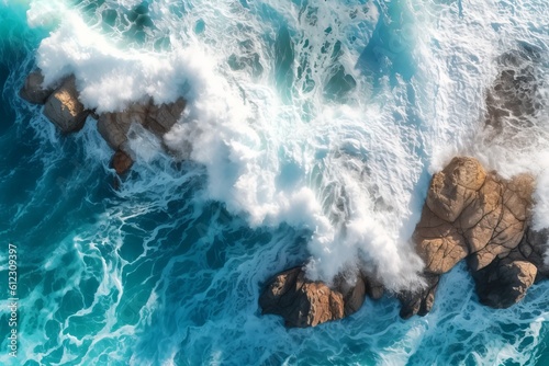 Aerial view from above down the seashore. The waves crash on the rock.