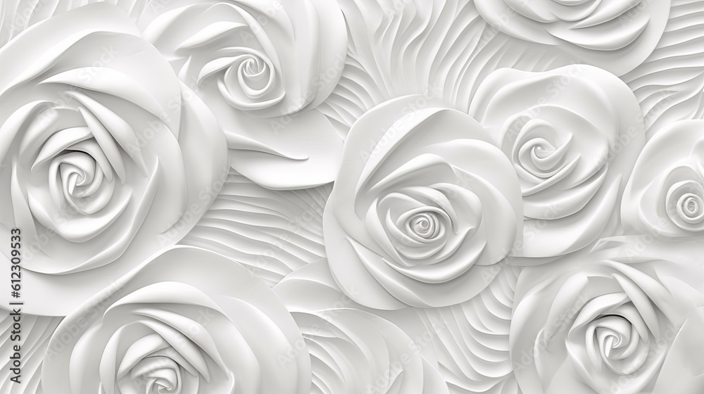 White texture. Background of roses. interior wall decoration. Three-dimensional drawing of a wall panel for the interior. White texture. Background of roses. interior wall decoration. Three-dimensional drawing of a wall panel for the interior.