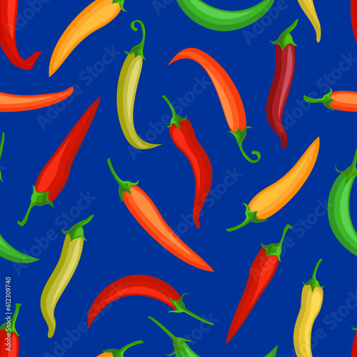 Vector illustration of a seamless pattern with chili peppers. Dark background. Mexican spicy vegetable, food flavoring decorative background. For textile, fabric design, wallpaper, wrapping paper