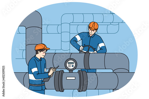 Male workers in uniform inspect and maintain water tubes and pipes. Mechanics control pipeline work, use measuring tools and equipment. Flat vector illustration.