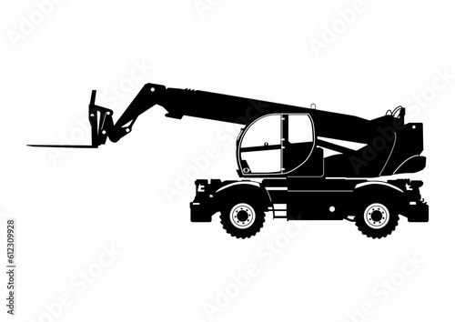 Silhouette of a modern rotating telehandler. Side view of telescopic handler. Vector. 