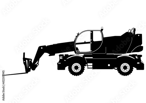 Silhouette of a modern rotating telehandler. Side view of telescopic handler. Vector. 