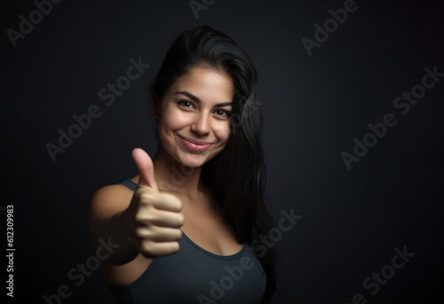 Studio portrait of a happy young woman with thumbs up positive hand gesture. Generative ai