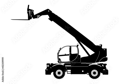 Silhouette of a modern rotating telehandler. Side view of telescopic handler. Vector. 