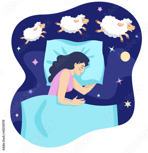 The girl counts sheep in her sleep. Cartoon woman lying in bed and counting sheep at night. The girl is sleeping, lambs are jumping around. Sleep disorder, insomnia, concept. Vector illustration