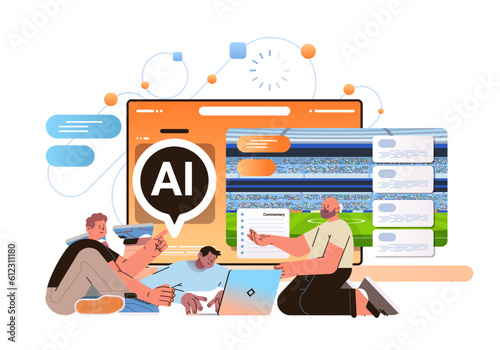 men commenting sportive events with ai helper bot sports commentary informational broadcast concept horizontal