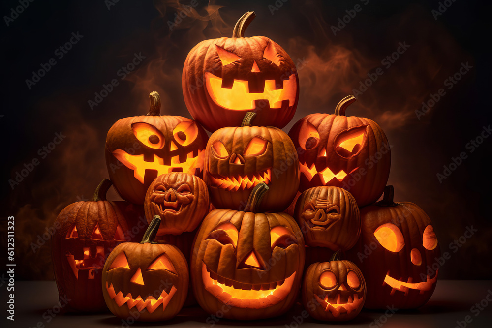 A large stack of carved halloween pumpkins with spooky faces. Generative ai A large stack of carved halloween pumpkins with spooky faces. Generative ai
