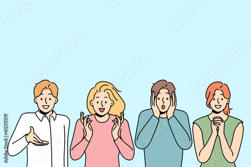 Diverse people showing various emotions. Men and women demonstrate face expressions feeling emotional. Vector illustration. 