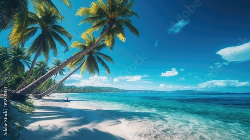 Tropical beach with palm trees, blue sky and white sand. generative AI © matteo