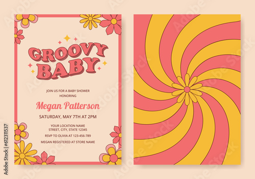 Groovy baby shower invitation template in retro 1970s style. Cute invitation card with flowers. Vector illustration