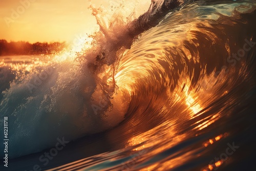 beautiful wave at sunset, perfect wave, perfect swell, golden hour light. generative AI