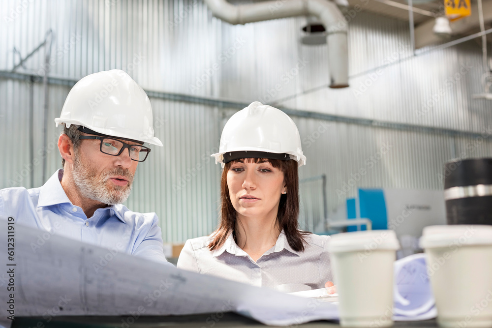 Engineers in hard-hats viewing blueprints in factory Engineers in hard-hats viewing blueprints in factory