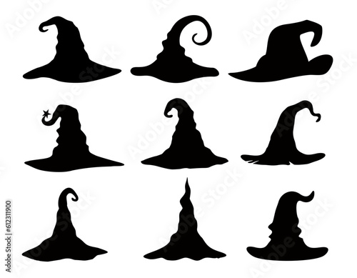 Witch hats vector icons, Halloween party costume elements. Cartoon wizard headwear, traditional magician caps. Magic cap evil with spider web