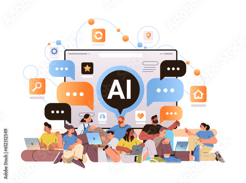 mix race people chatting on social media with ai helper bot assistant profile generation digital communication concept