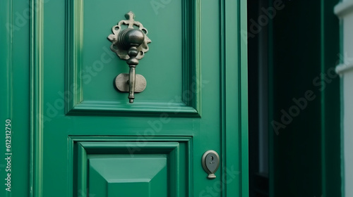 Green colored door with handle and lock close-up. Generative ai. photo