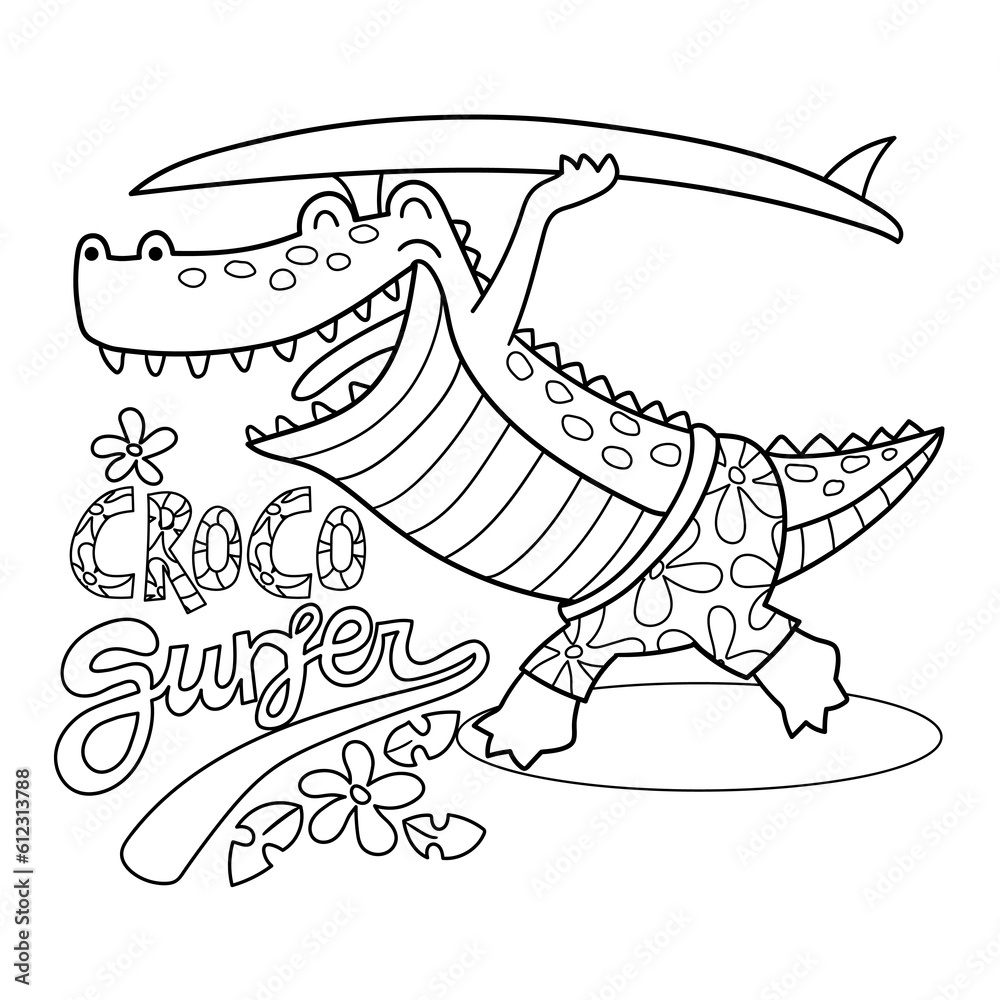 Fototapeta premium Illustration in black and white of a crocodile with a surfboard ready to surf, coloring page