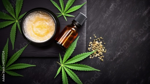 Natural cosmetic concept containing cannabis. Moisturizing cream with CBD oil, hemp leaf and hemp seed on a black table, Generative AI