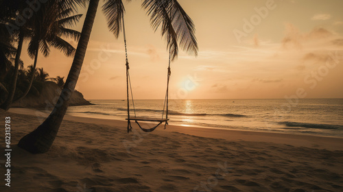 Empty beach swing in golden light at sunset or sunrise. Tranquil tropical holiday scene.