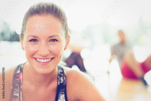 Close up portrait smiling woman in exercise class Free Download Close up portrait smiling woman in exercise class - GFXLoad
