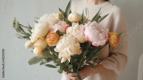 Female florist making beautiful bouquet white and pink peonies, closeup. Generative AI © Natalia S.