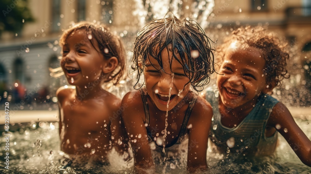 Children playing in a fountain on a hot summer day, Generative AI