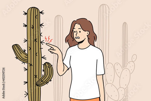 Stressed woman touching cactus plant in desert landscape. Unhappy female hurt with cactus prick in nature. Vector illustration. 