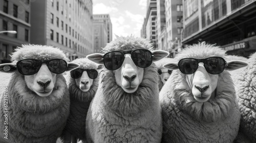 A group of sheep wearing sunglasses and walking in the city, Generative AI photo